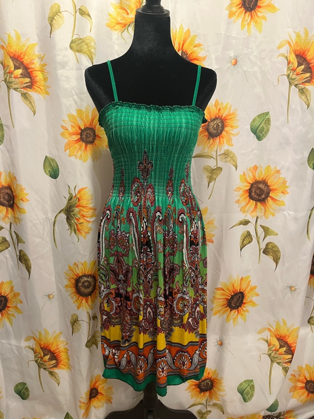 Green Paisley Smocked Mini Dress with Spaghetti Straps